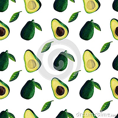 Seamless pattern with fresh ripe avocado vegetable on white background. Watercolor marker hand drawn illustration in realistic. Cartoon Illustration