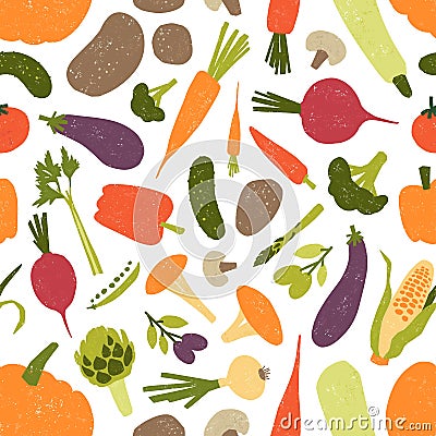 Seamless pattern with fresh tasty organic vegetables and mushrooms on white background. Backdrop with vegetarian food Vector Illustration