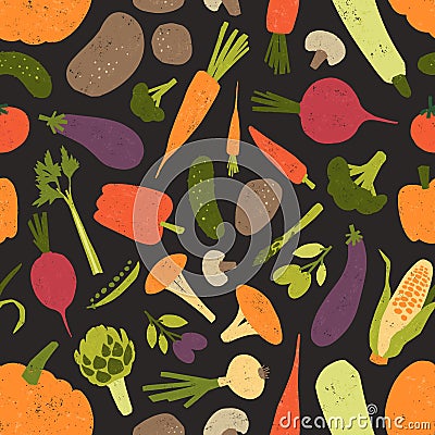 Seamless pattern with fresh tasty vegetables and mushrooms on black background. Backdrop with healthy vegetarian food or Vector Illustration