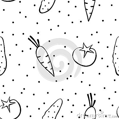 Seamless pattern with fresh vegetables - cucumbers, tomatoes, carrots. Black outline on white background Vector Illustration