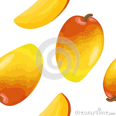 Seamless pattern fresh whole and slice mango. Isolated on white Vector Illustration
