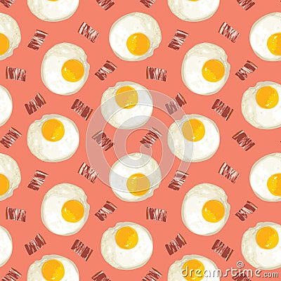Seamless pattern with fried eggs and delicious bacon Vector Illustration
