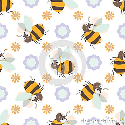 Seamless pattern with Friendly Cute cartoon Bee and flower Stock Photo