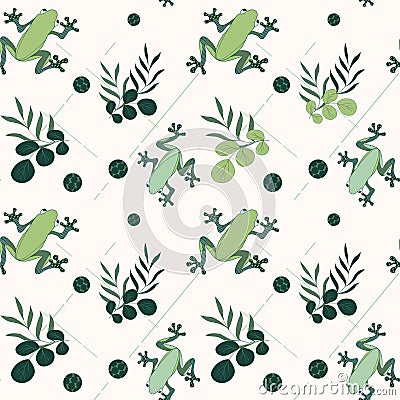 Seamless pattern frogs and leaves. Background with frogs is great for printing. Vector Illustration