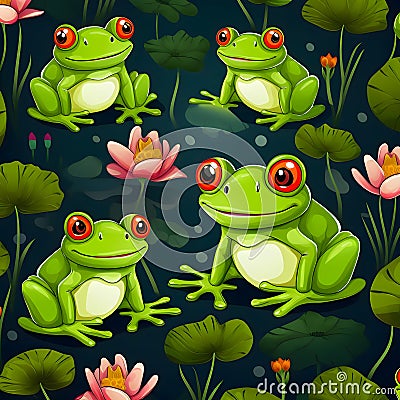 Seamless pattern with frogs and water lilies. Vector illustration Vector Illustration