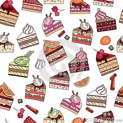 Seamless pattern with fruit cake slices. Stock Photo