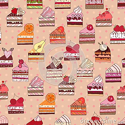 Seamless pattern with fruit cake slices. Vector Illustration