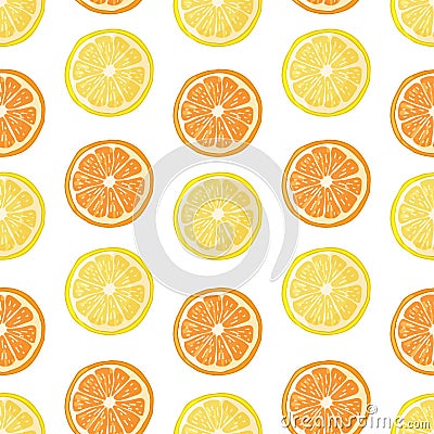 Seamless pattern with fruit decoration. Wallpaper with a pattern of slice orange and lemon. Fruit citrus background is Vector Illustration