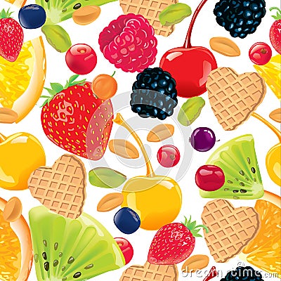 Seamless pattern of fruit, nuts, waffles Vector Illustration
