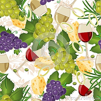 Seamless pattern with fruit organic food, glasses, wine, grapes. Vector Illustration