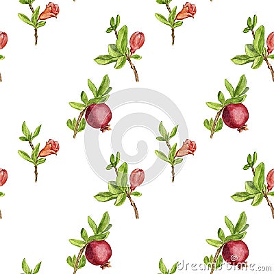 Seamless pattern with fruit tree branches , leaves, flowers and pomegranates Stock Photo