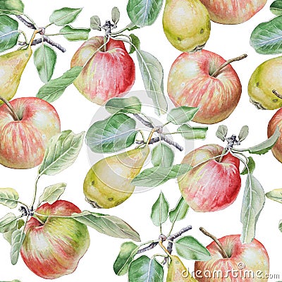 Seamless pattern with fruits. Apple and pear. Watercolor illustration. Cartoon Illustration