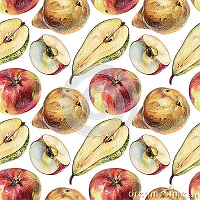 Seamless pattern with fruits drawn by hand with colored pencil Stock Photo