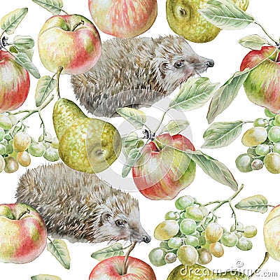 Seamless pattern with fruits and hedgehog. Apple, grapes and pear.Watercolor illustration. Cartoon Illustration