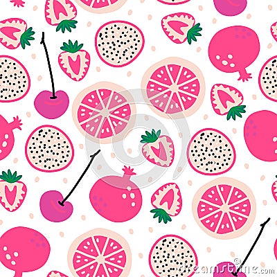 Seamless pattern with fruits: pitaya, cherry, strawberries, grapefruit, pomegranate. Cute vector pink background Cartoon Illustration