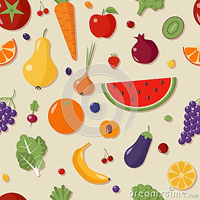 Seamless Pattern with Fruits and Vegetables Vector Illustration