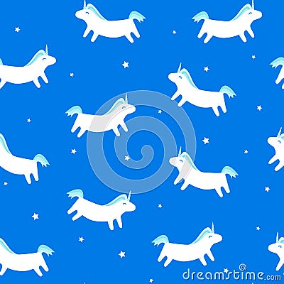 Seamless pattern with fun unicorn and stars on blue background. Merry Christmas ornament for textile and wrapping. Vector Illustration