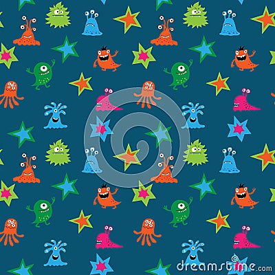 Seamless pattern with funny aliens and stars Vector Illustration