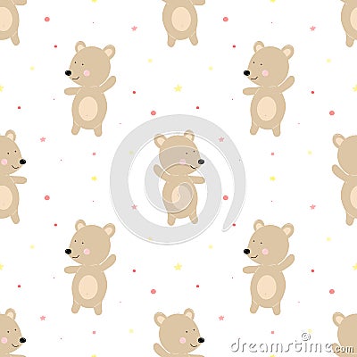 Seamless pattern of funny bears on a background of pink dots. Vector image for girl. Illustration for holiday, baby shower, birthd Stock Photo