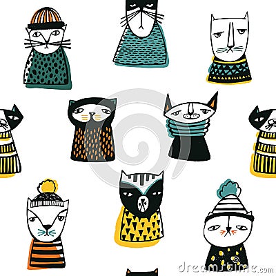 Seamless pattern with funny cartoon cats muzzles. Hand drawn doodle kitty on white background. Vector Illustration