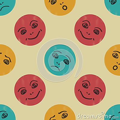 Seamless pattern with funny cartoon comic faces. Children`s drawing. Vector illustration. Cartoon Illustration