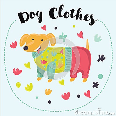 Seamless pattern with funny cartoon long Dachshund dogs dressed in colorful clothes Vector Illustration