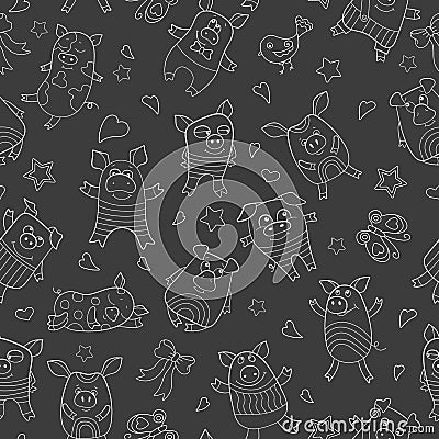 Seamless illustration with funny cartoon pigs , white outline on a dark background Vector Illustration