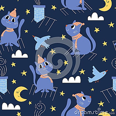 Seamless pattern with funny cat Vector Illustration