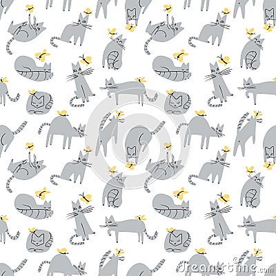 Seamless pattern with funny cats playing with butterflies. Background with domestic pet Vector Illustration