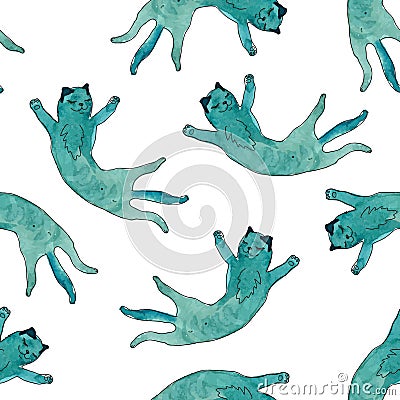 Seamless pattern. Funny cats with watercolor texture. Vector Illustration