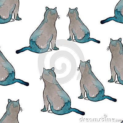 Seamless pattern. Funny cats with watercolor texture. Vector Illustration