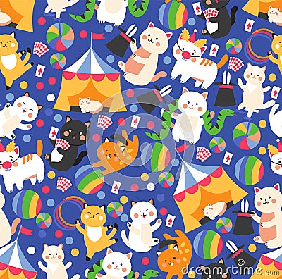 Seamless pattern with funny circus cats, cute isolated cartoon characters, vector illustration Vector Illustration