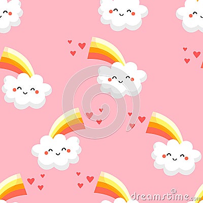 Seamless pattern with funny clouds, rainbow and hearts on pink background. Ornament for children`s textiles and wrapping. Vector Vector Illustration