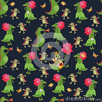 Seamless pattern with funny crocodiles and cheerful green dino with flowers on black background. Print for fabric for baby Vector Illustration