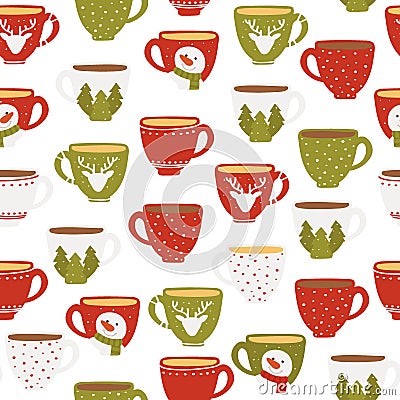 Seamless pattern of funny cups on a white background. Christmas cups. Vector illustration of hand drawn flat style Cartoon Illustration