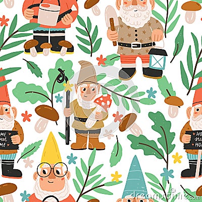 Seamless pattern with funny and cute gnomes, dwarfs, elves, mushrooms, leaves and colorful flowers on white background Vector Illustration