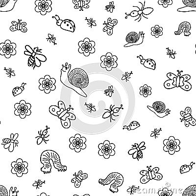 Seamless Pattern of Funny Doodle Insects. Children Drawings of Cute Bugs, Butterflies, Ants and Snails. Sketch Style. Vector Illustration