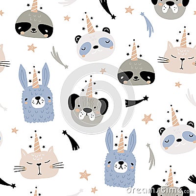 Seamless pattern with funny hand drawn unicorn animals. Creative childish texture. Great for fabric, textile Vector Illustration Stock Photo