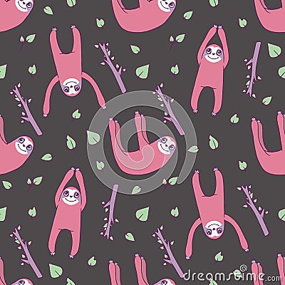 Seamless pattern with funny hanging smiling cartoon pink sloths and leaves on dark black background Stock Photo