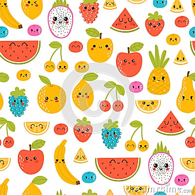 Seamless pattern with funny and happy kawaii fruit. Summer tropical healthy food. Cute cartoon background Vector Illustration