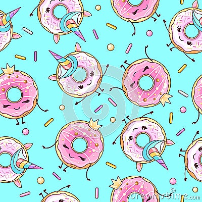 Seamless pattern with funny kawaii sweet donuts like unicorn. Cartoon background. Vector Illustration