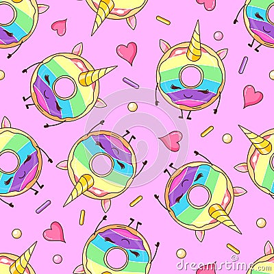 Seamless pattern with funny kawaii sweet donuts like unicorn. Cartoon background. Vector Illustration