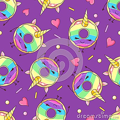 Seamless pattern with funny kawaii sweet donuts like unicorn. Cartoon background. Vector Illustration