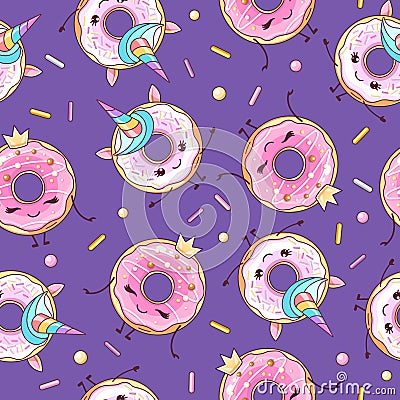 Seamless pattern with funny kawaii sweet donuts like unicorn. Cartoon background. Vector Illustration