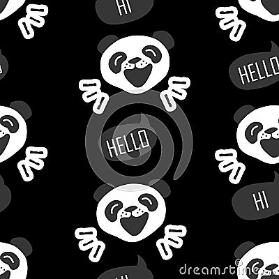 Seamless pattern with funny panda. Cartoon bear says Hello. Vector Illustration