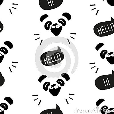 Seamless pattern with funny panda. Cartoon bear says Hello. Vector Vector Illustration