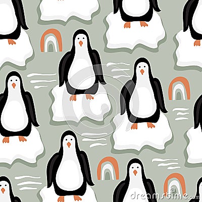 Seamless Pattern with Funny Penguins on Ice Floes Vector Illustration