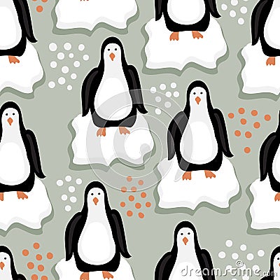 Seamless Pattern with Funny Penguins on Ice Floes Vector Illustration