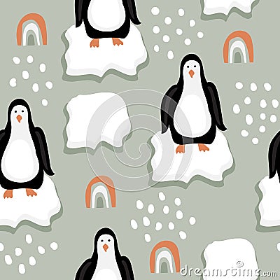 Seamless Pattern with Funny Penguins on Ice Floes Vector Illustration