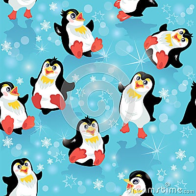 Seamless pattern with funny penguins and snowflakes Vector Illustration